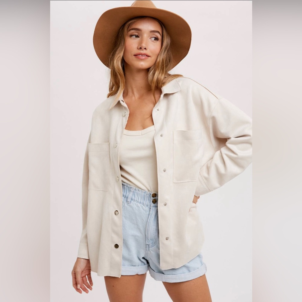 Vegan faux suede long sleeve button down shacket
